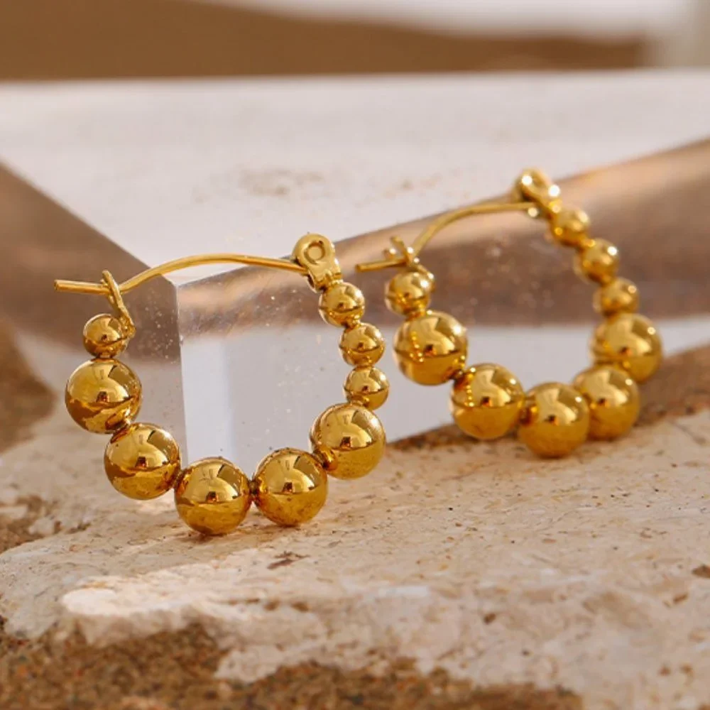 ^NEW 18K Gold Plated Bead Round Hoop Earrings - Picture 1 of 6